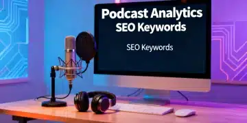 Modern podcast studio with SEO analytics on screen, symbolizing discoverability