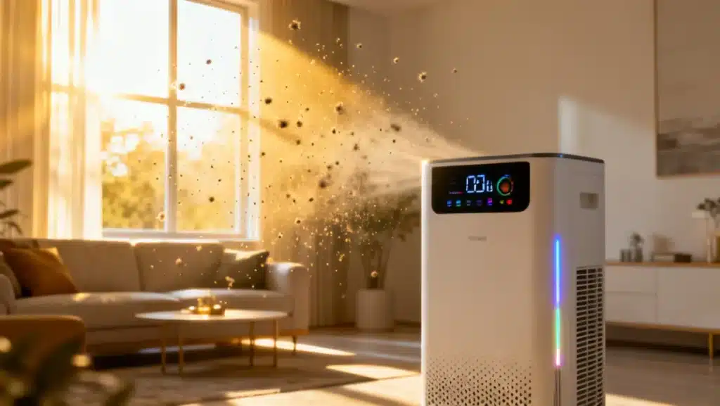 Modern smart air purifier in a living room, actively filtering air for improved indoor quality.