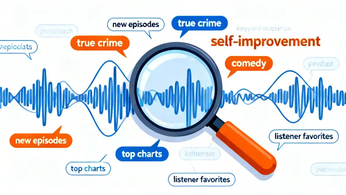 Magnifying glass over podcast waveform with keywords, illustrating SEO research