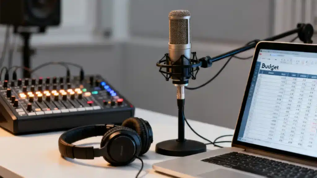 Podcast production studio with budget spreadsheet on laptop screen